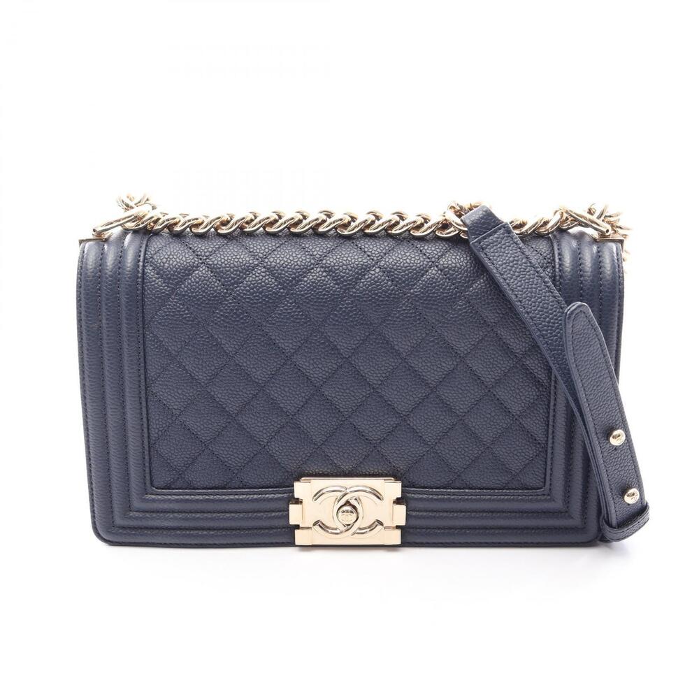 Chanel Boy Shoulder Bag Caviar Leather Grained Calfskin Navy Blue